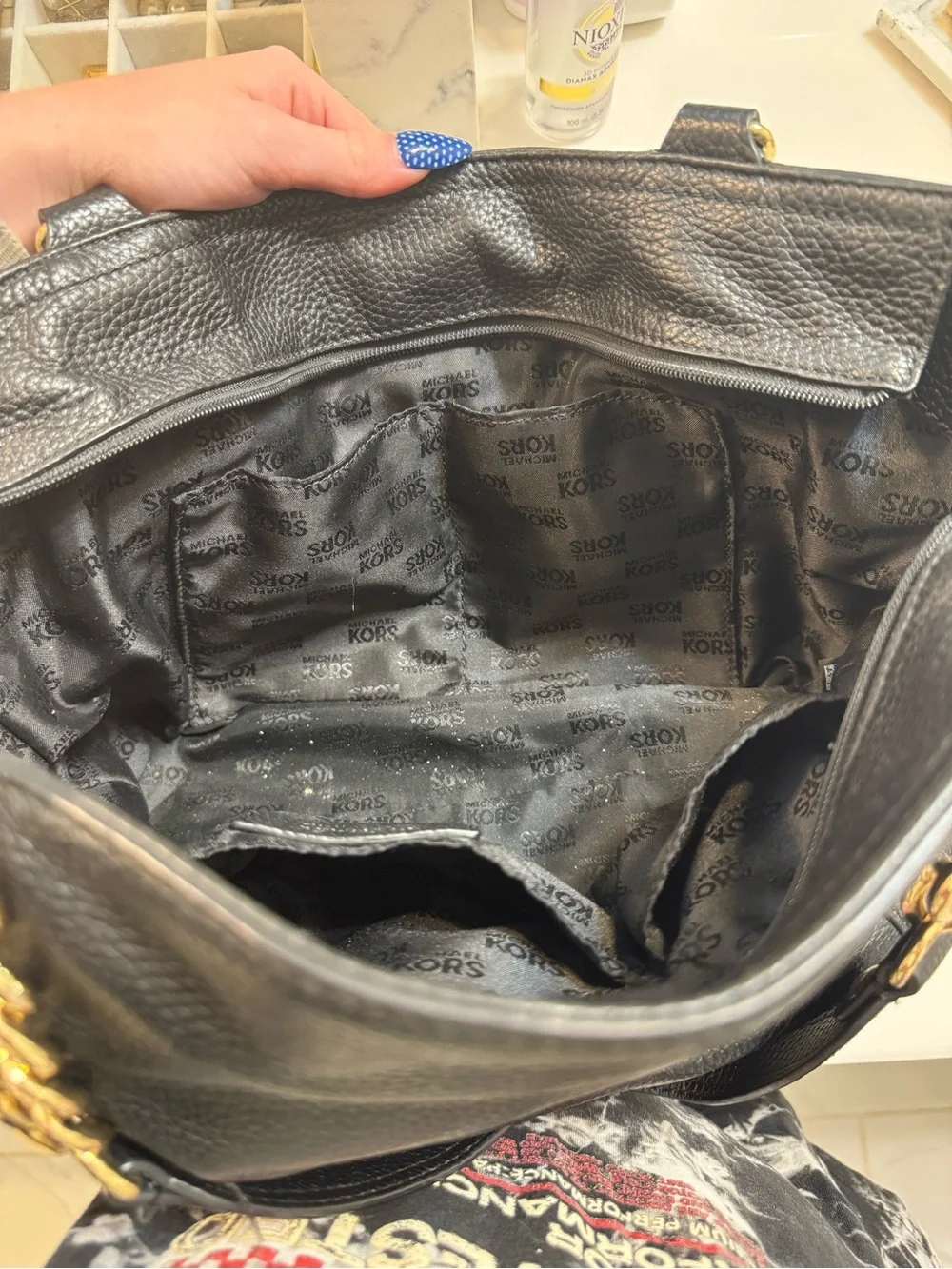 Michael Kors Black Pebbled Leather Tote with Gold Chain Straps